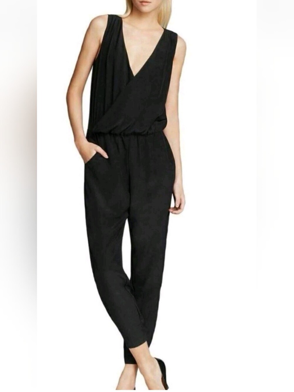 Rebecca Minkoff Mara Silk Cross Over Jumpsuit Sleeveless Black Size 2